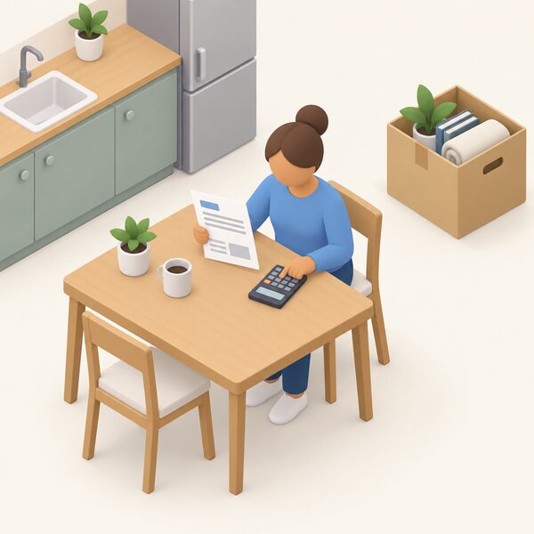 A simplified figure sits at a kitchen table with an open energy account letter and a calculator, working through the account details before closing it ahead of a house move, with a packed moving box nearby.