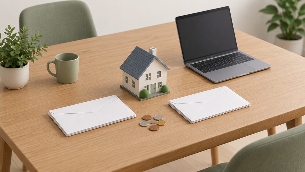 A kitchen table with two plain envelopes of bills side by side, a laptop with a blank screen showing a comparison moment, a handful of coins, and a small model house at the centre representing the household choosing between two energy suppliers.