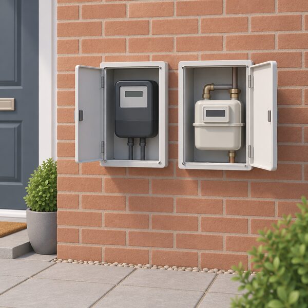 A domestic electricity meter and a gas meter mounted side by side in surface-mounted boxes on the outside brick wall of a house, shown as the everyday metering equipment through which a household on a default tariff is billed.