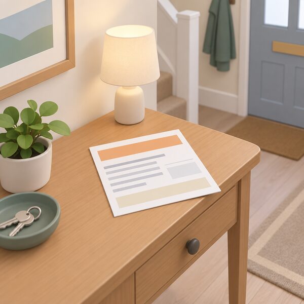 A simple payment voucher for the Warm Home Discount shown as a physical paper document lying on a table in a domestic hallway, with blank lines and plain colour bands instead of any readable words or figures, and no brand names or numbers anywhere.