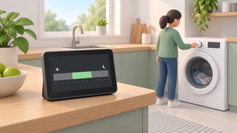A smart meter in-home display standing on a kitchen worktop, its screen showing a plain colour band marking a flexible tariff period, with a simplified figure nearby setting a washing machine to run at that chosen time.