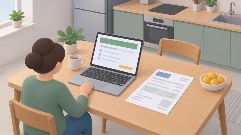 A kitchen table scene with an open laptop displaying a collective switch registration page as a screen of plain colour bands and blank lines, beside a paper household electricity bill lying flat, its content shown only as blank lines and plain blocks.