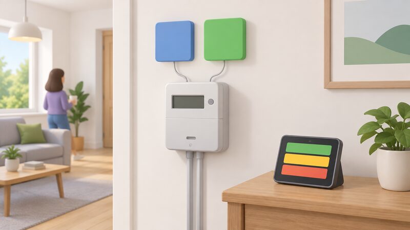 Two plain, unbranded supplier emblem blocks sit side by side on a wall above a domestic electricity meter, with a smart in-home display on a nearby table showing simple colour bands, suggesting two competing suppliers serving the same household.