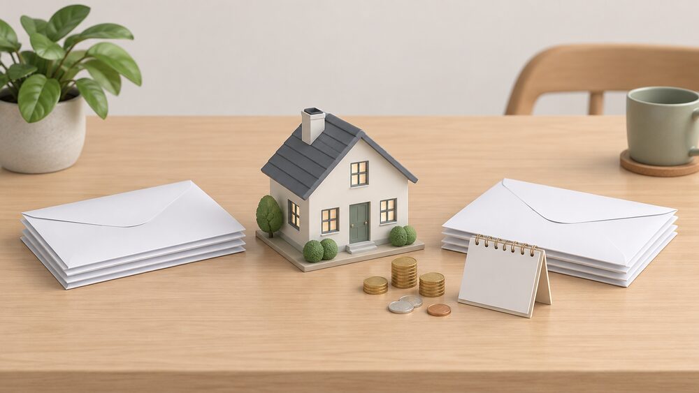 A small model house sits centrally on a table between two identical blank envelopes of paperwork, with a few coins and a blank calendar card beside them, suggesting a household weighing a switch between two energy suppliers.