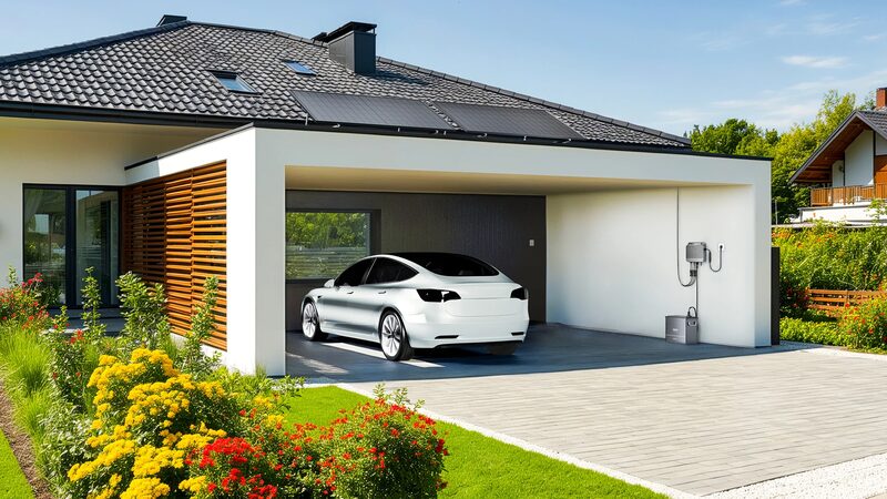 A modern house with rooftop solar panels and an electric car charging in a carport, with a wall-mounted EV charger and battery unit