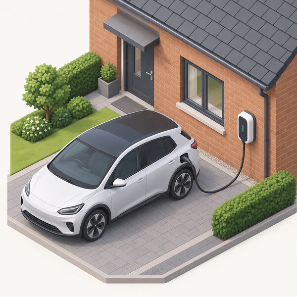 A wall-mounted domestic electric vehicle charger on the outside brick wall of a house, with a cable running to a parked electric car on the driveway beside it.