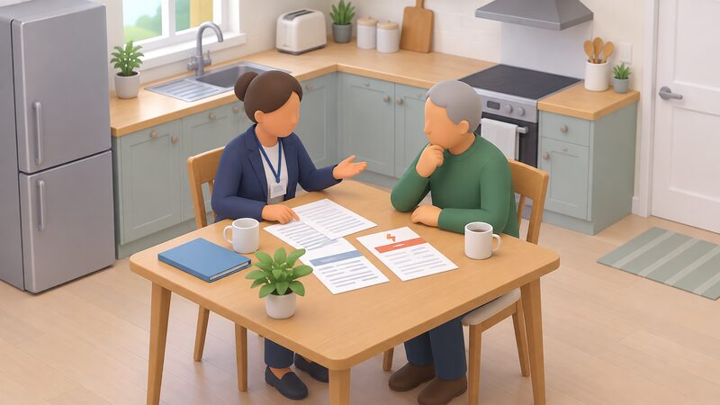 A support adviser sits at a kitchen table with a householder, both looking over paperwork and a fuel bill laid out between them as they discuss hardship fund help.