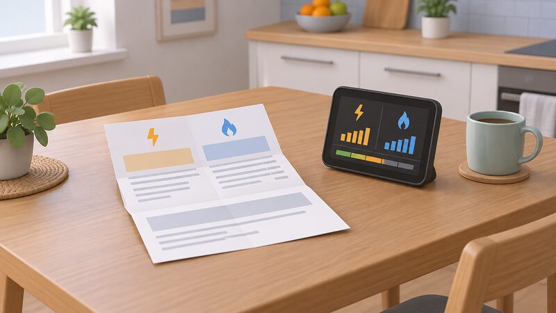 A kitchen table scene showing a folded dual-fuel energy bill lying on the tabletop beside a small smart meter in-home display, both drawn as physical objects with their content shown only as blank lines and plain colour blocks so no readable figures appear.