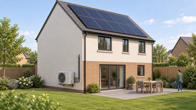 An exterior view of a UK home with a wall-mounted air source heat pump unit on the rear or side wall, its pipework entering the house, and a solar panel array covering part of the pitched roof above.