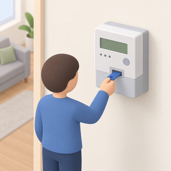 A domestic prepayment electricity meter mounted on an interior wall, with a simplified figure inserting a small plastic key into its slot to pay as you go for energy.