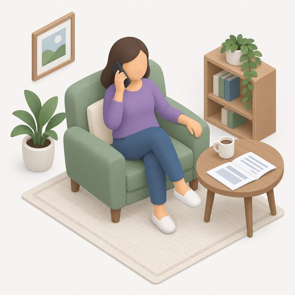 A customer at home sitting in an armchair holding a phone to their ear, with an energy bill or account statement lying open on a small table beside them, as they speak to their supplier's customer service team about their account.