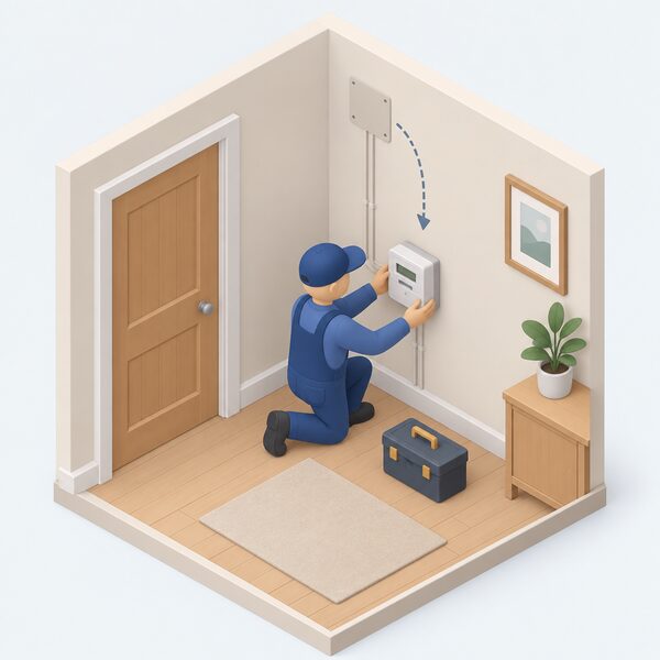 A simplified isometric engineer in plain work clothing kneeling beside a prepayment meter being relocated from a high wall position to a new, lower, easily reachable position on an interior wall of a home, with the old higher fixing point visible above.