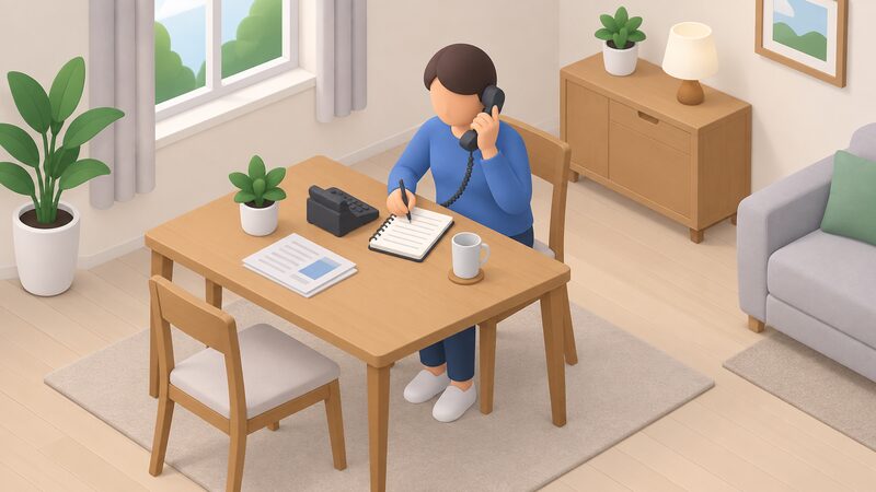 A simplified person sits at a home table making a telephone call, holding a phone to one ear while writing on a notepad, recording the date and reference number of a complaint about their energy supplier.