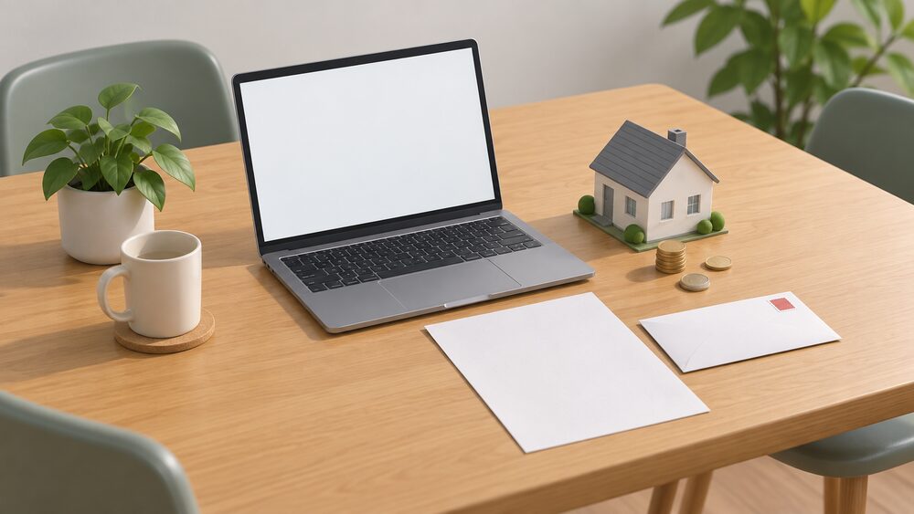 A kitchen table with a laptop showing a blank screen, a blank printed energy bill beside it, a stamped envelope, a small model house and a few coins, arranged as a household weighing up switching energy tariff through a comparison service.
