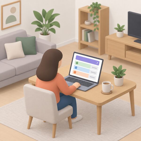A small isometric household figure sits at a living-room table viewing a laptop whose screen shows a plain tariff comparison as blank colour bands, with a subtle commercial link suggested by a plain banner block on the screen, conveying an introducer rather than an adviser.