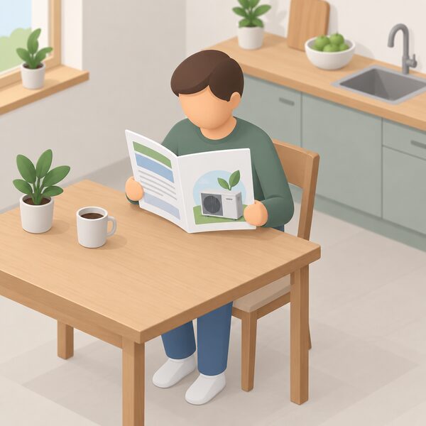 A simplified isometric figure sits at a kitchen table holding a printed government consumer guide booklet about buying green heating and insulation products, its pages open to show plain colour bands and blank lines instead of readable text, with a small heat pump illustration on the cover.
