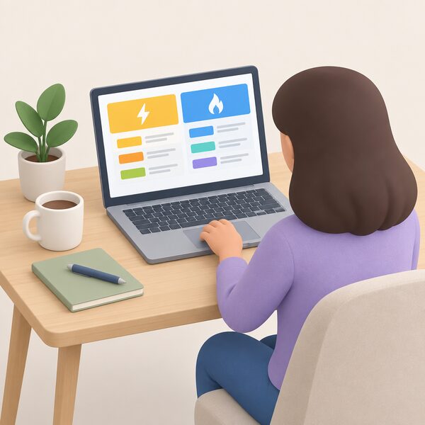 A person at a home laptop using the Consumer Council's energy price comparison tool, the screen showing a simple comparison of electricity and gas tariffs as plain colour bands and blank lines, with no readable figures.