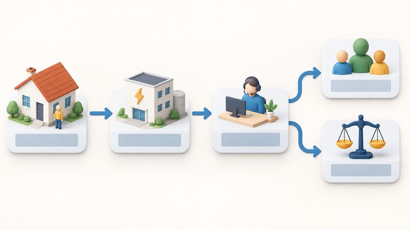 A printed flow diagram sheet showing a household's energy complaint path as connected plain blocks: a house and supplier block first, then a Citizens Advice consumer service block splitting to an Extra Help Unit block and an Energy Ombudsman block, joined by plain arrows.