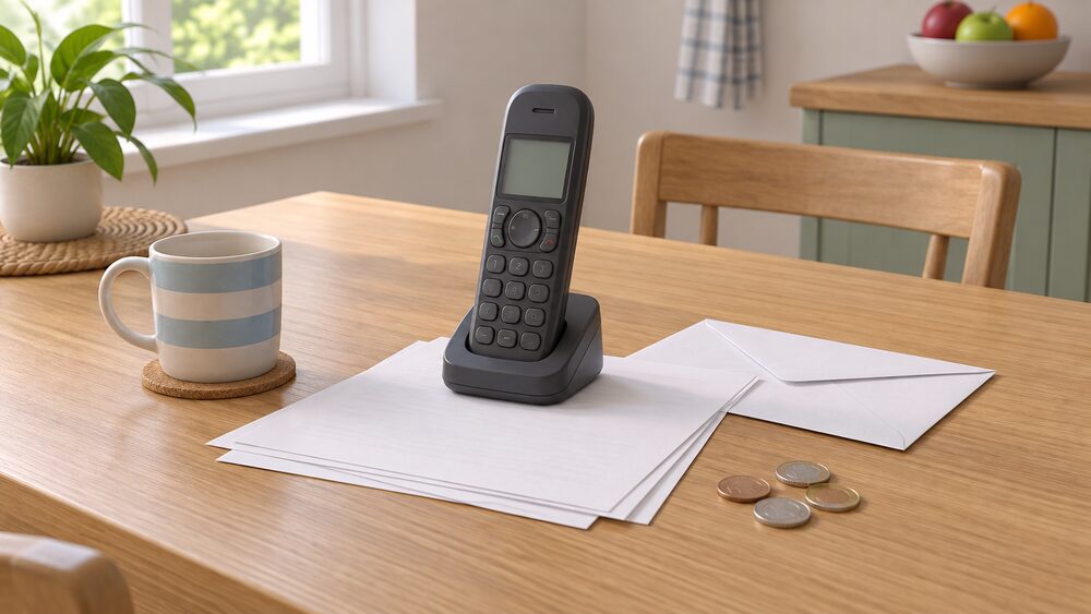 A kitchen table in daytime with a cordless home telephone resting on blank paperwork beside a plain envelope and a few loose coins, suggesting a household preparing to phone a free energy advice service about a bill problem.