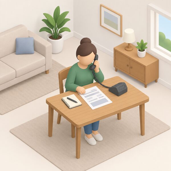 A simplified isometric householder sitting at a table in a plain living room, holding a telephone handset to their ear with a paper energy bill and a notepad beside them, shown mid-call seeking advice about a billing problem.