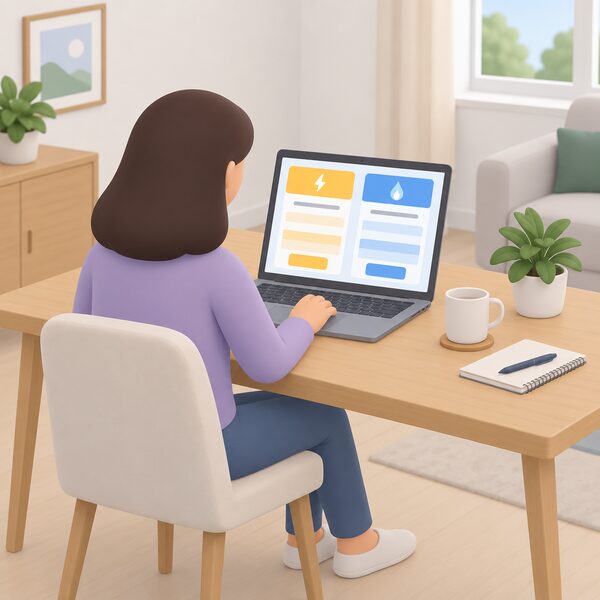 A householder seated at a table in a home setting using a laptop whose screen shows a simple comparison layout of plain colour bands and blank lines representing electricity and gas tariff options, with no readable words or numbers.