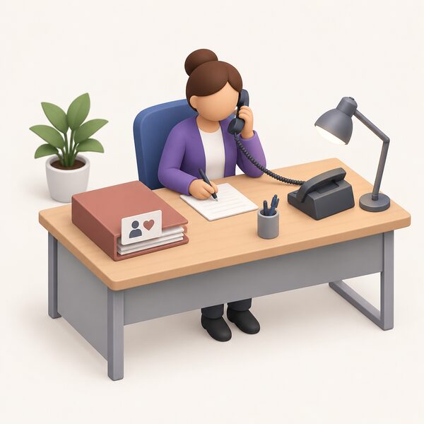 A simplified adviser figure sits at an office desk with a phone and papers, speaking on a call to raise a complaint with an energy supplier on behalf of a vulnerable consumer, shown as a case file on the desk rather than a person.