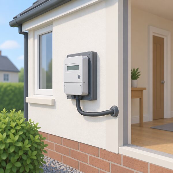 A domestic electricity meter mounted on an exterior wall of a simple house, with the supply cable running from the meter into the building, showing the household remains connected to and billed through a supplier.