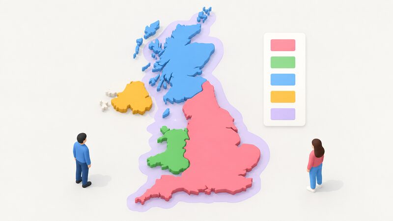 A simplified map of the United Kingdom divided into its four nations, each shaded a plain colour to mark its own energy consumer advice body, with a small plain colour band covering Great Britain to show the Extra Help Unit's referral coverage, and no names or numbers anywhere.
