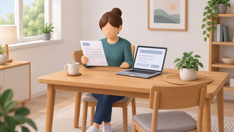 A householder seated at a home table holds a printed supplier deadlock letter while looking at a laptop beside it whose screen shows the Ombudsman's dispute form as blank lines and plain blocks.