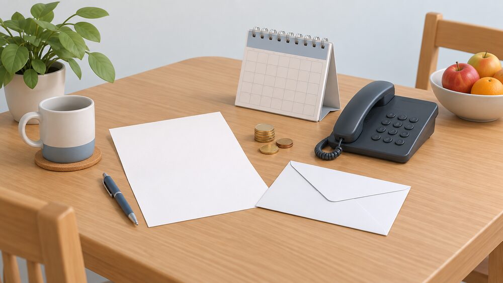 A kitchen table scene of a household energy dispute being escalated: a blank letter and envelope beside a small stack of coins, a calendar and a telephone, representing the paperwork and waiting period before taking a complaint to the Energy Ombudsman.