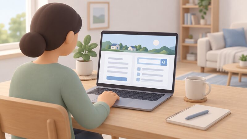 A laptop on a household table showing the Energy Ombudsman's public website with a dispute registration form and a supplier search box, drawn as a screen with blank lines and plain blocks so no content is readable.