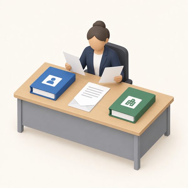 A simplified isometric figure of an Ombudsman adjudicator seated at a desk, reviewing two separate evidence folders, one from the consumer and one from the energy company, with a decision letter ready to send to the consumer lying beside them.
