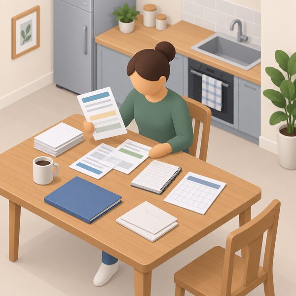 A domestic kitchen table scene where a simplified isometric figure sits sorting paperwork for an energy complaint, with a printed bill showing blank lines and colour bands, a blank-lettered notepad and a plain calendar sheet, all laid out to gather supplier and account details.