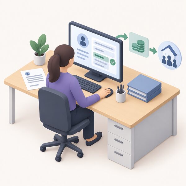 A supplier's office worker at a desk applies an Ombudsman decision letter to a customer's account, adjusting the account record and preparing a payment to the household, with the decision sheet as a physical document on the desk.