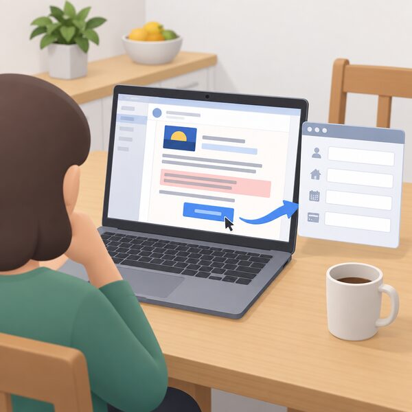 A laptop on a kitchen table displaying a scam email that falsely claims to be from the Energy Ombudsman, with a fake logo block, a reference to a complaint the consumer never raised, and a prominent link button leading to a fake form with blank fields for name, address, date of birth and bank details.