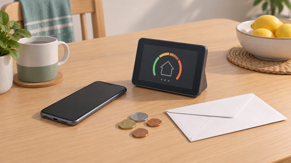 A smartphone lying face-up on a kitchen table beside a small in-home smart meter display unit and a plain paper envelope, with a few coins nearby suggesting a prepay top-up.