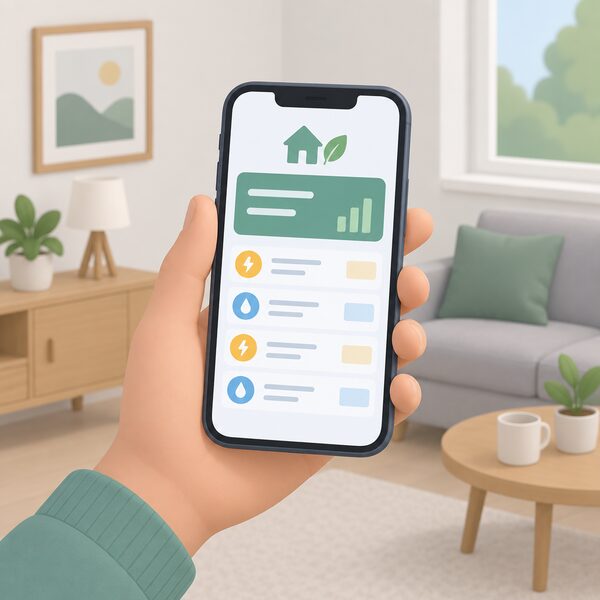 A hand holding a smartphone showing an energy supplier app screen with a plain balance block and a list of bill entries, drawn as blank colour bands and lines with no readable words or numbers, in a simple home setting.