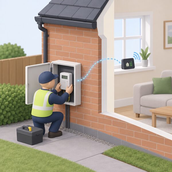 A simplified installer figure fits a smart electricity meter into the meter box on an outside wall of a home, with a small in-home display shown inside on a windowsill and a plain signal path linking the two, conveying installation at no extra cost and automatic readings.