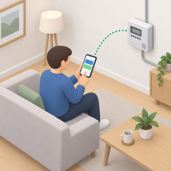 A simplified isometric figure sits indoors on a sofa holding a smartphone showing a plain colour-band screen, with a prepayment meter on a nearby wall connected by a dotted line to the phone, showing the top-up being done from home without going outside.