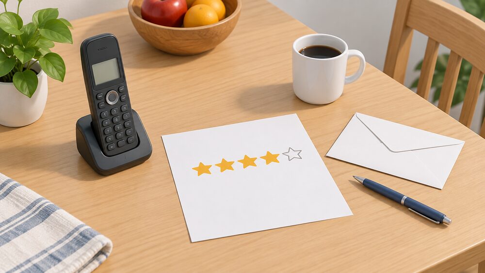 A cordless telephone resting on a kitchen table beside a printed survey chart showing a row of five stars with some filled in, a blank envelope and a pen, in daylight.