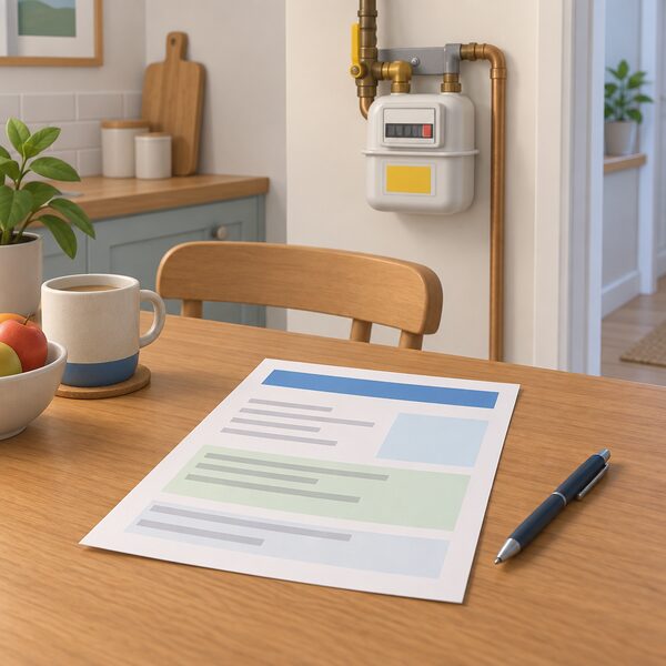 A domestic energy bill lying flat on a wooden kitchen table, drawn as a physical paper document with plain colour bands and blank lines instead of readable figures, beside a pen and a household gas meter on the wall behind.