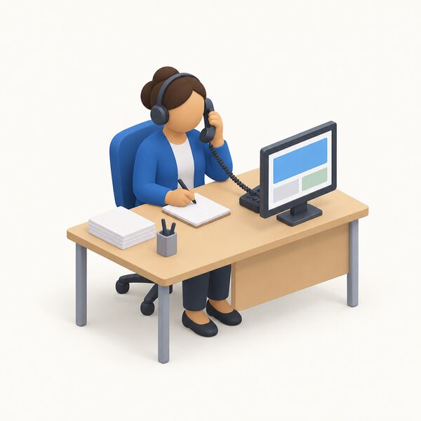 A simplified isometric figure of a Citizens Advice adviser sits at an office desk wearing a headset, holding a telephone handset to one ear while writing notes on a notepad, with a computer screen and papers on the desk, taking a referral call.