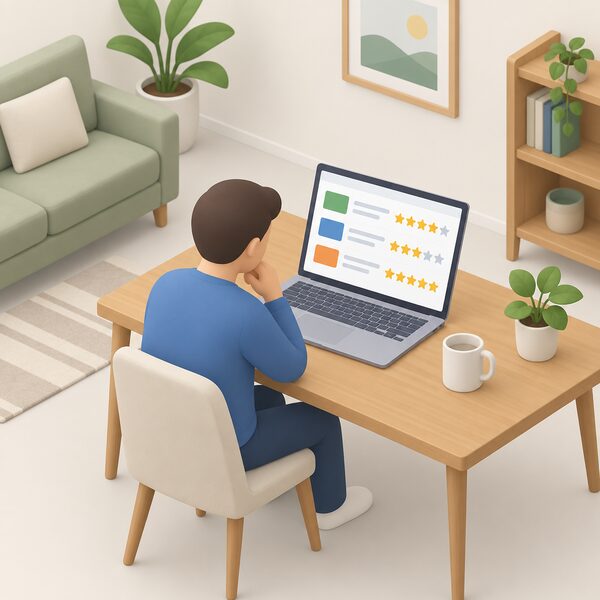 A laptop on a table in a home living room shows an energy comparison screen with a plain list of tariff rows, each carrying a simple price block beside a row of star symbols, while a seated figure weighs the two against each other.