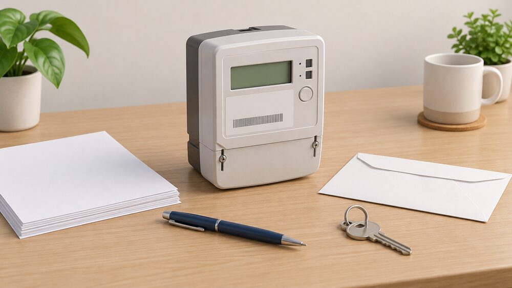 A domestic electricity meter sitting on a table beside a small stack of blank paperwork, a plain envelope, a pen and a house key, arranged as the moment someone gathers a meter reading and account details to notify a supplier.