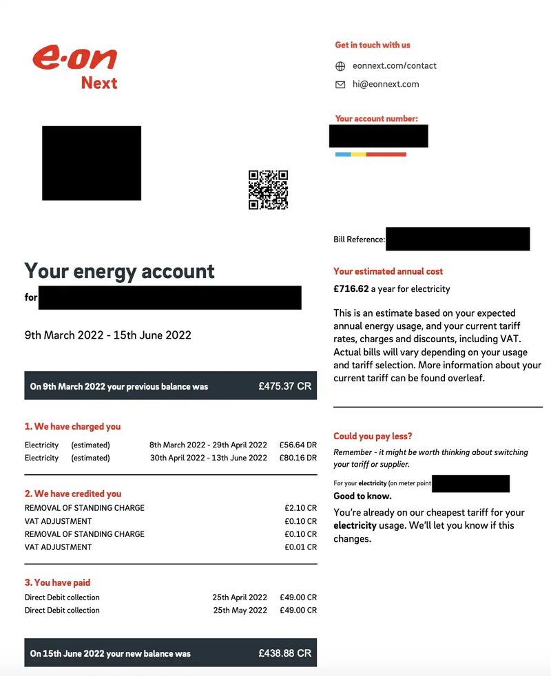 An E.ON Next electricity bill showing account charges, credits, payments and estimated annual cost