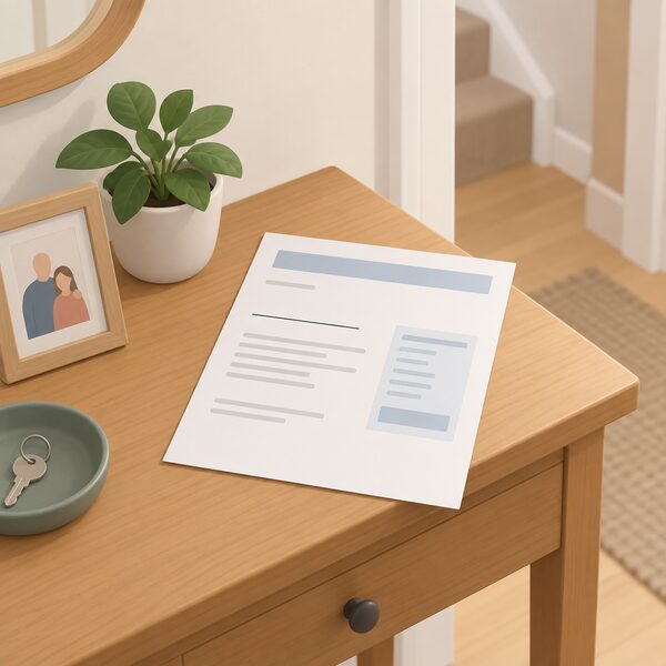 A paper energy bill lying on a table in a home hallway, drawn as a physical document with the account holder's name shown only as a blank line, anchoring the transfer of the account after a death.