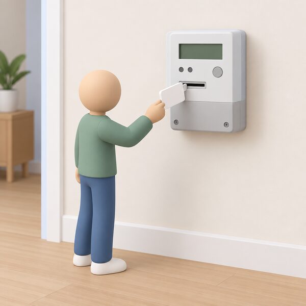 A prepayment electricity meter mounted on a wall inside a home, with its removable key or card held beside it by a small simplified figure of the new occupier about to insert it.