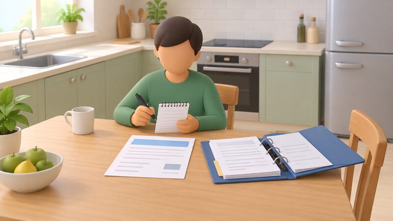 A simplified figure sits at a kitchen table holding a recent electricity meter reading written on a notepad, with an energy bill showing blank lines and a plain colour band laid open beside an open folder of estate paperwork.
