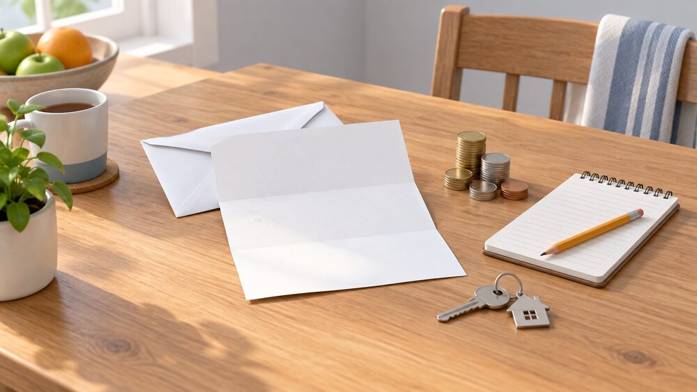 A kitchen table in daylight with a blank letter from a new energy supplier lying open beside a notepad and pencil, a handful of coins standing for a protected credit balance, and a house key resting on top, suggesting a household calmly waiting to be contacted after its supplier failed.