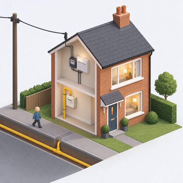 A small isometric UK house with an overhead electricity line running to the building and a yellow gas pipe rising from the street into the meter box, both connections intact and shown delivering energy to the home after a supplier failure.